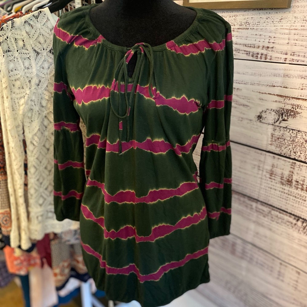 Women’s Green Tie-Front Boho Tunic with Magenta Stripe